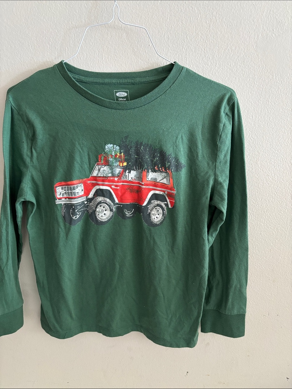 Ford Green Long-Sleeve Tee with Red Truck and Christmas tree Graphic